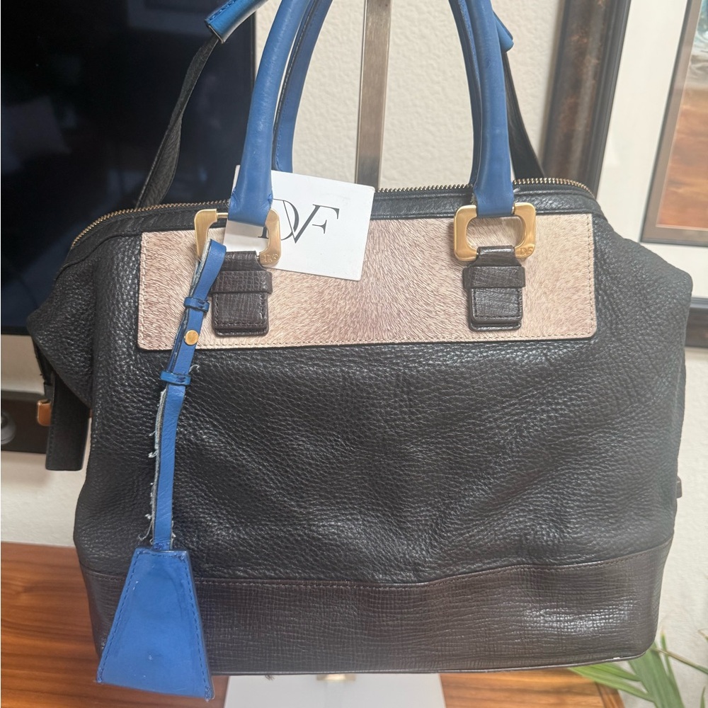 Diane Von Furstenberg Drew patchwork black Leather Satchel with Blue Handles
